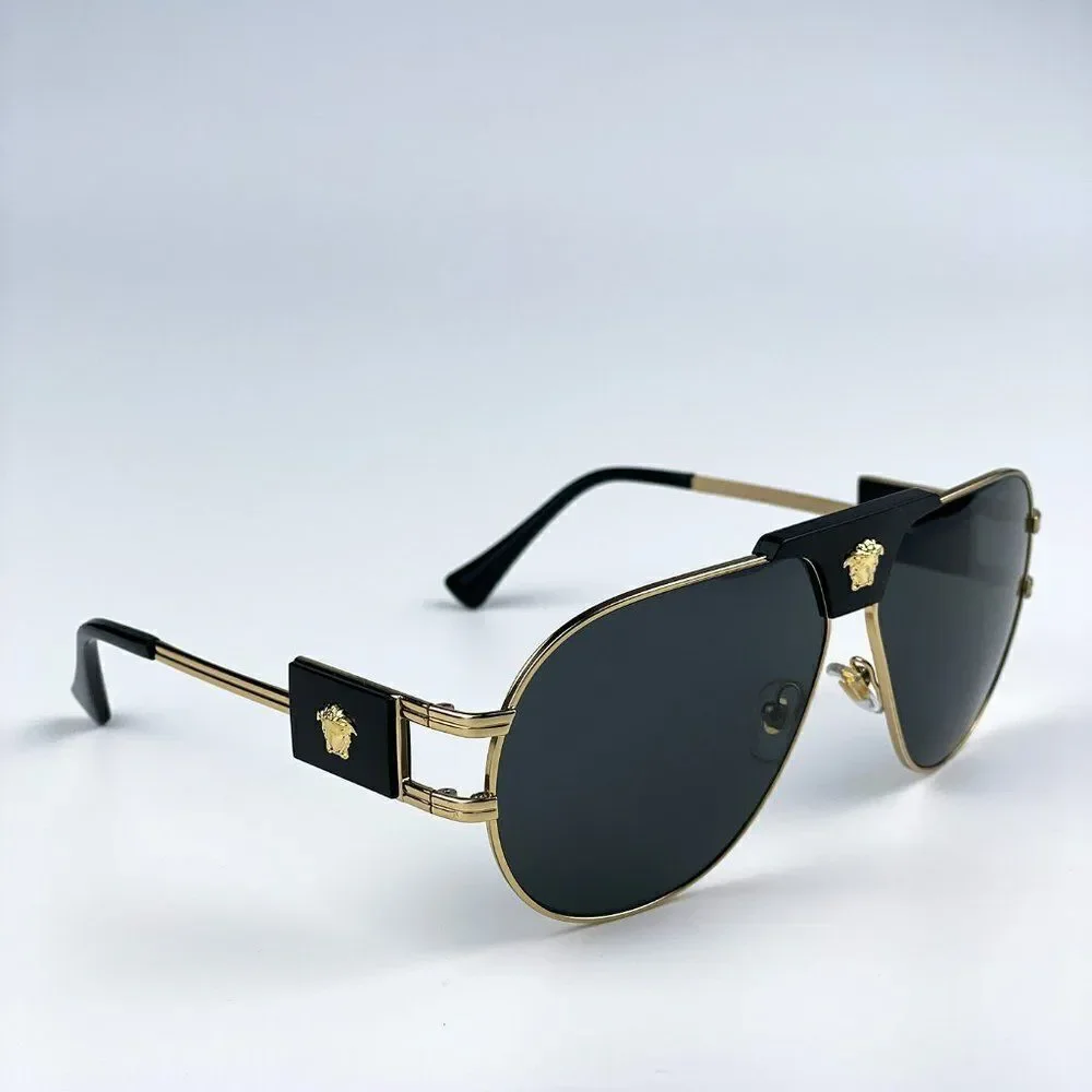 NEW Versace VE2252 100287 BRAND NEW Gold Dark Grey Metal Pilot Unisex Sunglasses